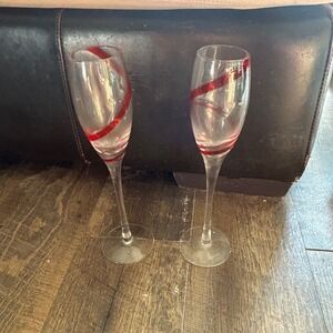 Pier 1 Imports Swirline Red Swirl Champagne Flute Glass Set of 2 Clear 10.5 inch